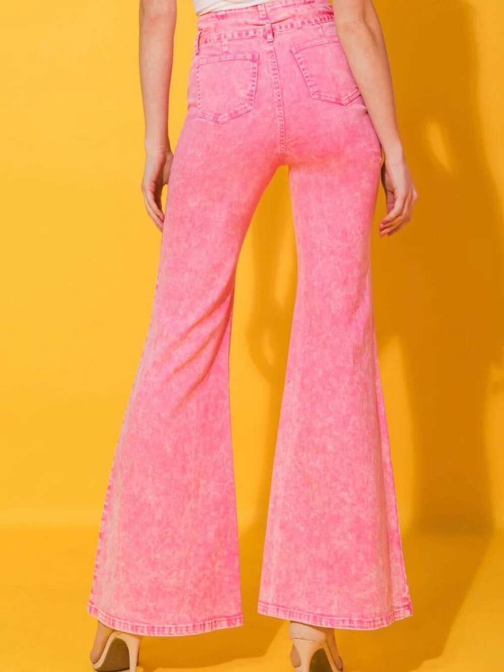 💖 Flying Tomato Pink High Rise Flare Jean Acid Washed Pink Denim Pants Large 💖 - Picture 5 of 7